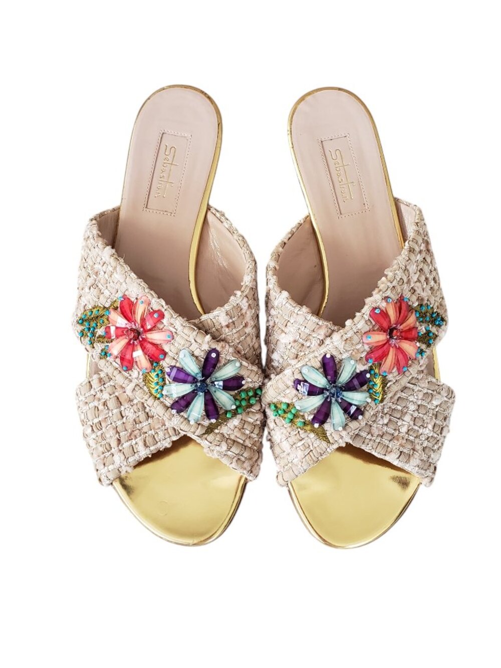 Sebastian Milano Woven Beaded Floral Slip On Sandals